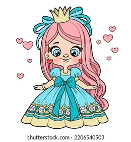 Cute long haired cartoon princess girl in magnificent ball gown with a bow color variation for coloring page on white background