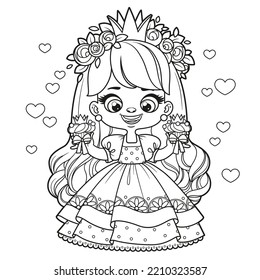 Cute long haired cartoon princess girl with delicious cupcakes outlined for coloring page on white background