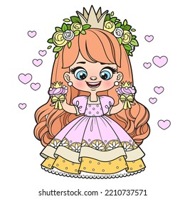 Cute long haired cartoon princess girl with delicious cupcakes color variation for coloring page on white background