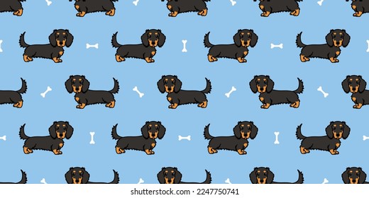 Cute long haired dachshund dog black and tan cartoon seamless patern, vector illustration svg