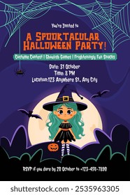 Cute long haired Halloween witch girl. Kawaii illustrative Halloween party invitation template. Kid wearing Halloween costume cartoon invite.