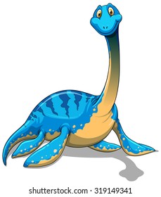 Cute long neck blue dinosaur on white illustration