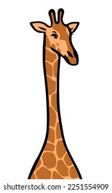 Cute long neck giraffe. Head animal. African herbivore mammal. Zoo and safari. Cartoon vector baby illustration isolated on white background. Hand drawn outline