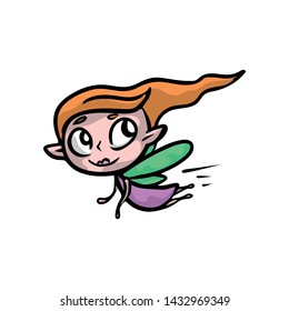 Cute long red hair fairy with green wings