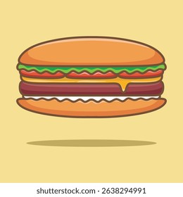 cute long sandwich with lettuce, tomato and cheese in flat cartoon style.