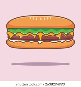cute long sandwich with lettuce, tomato and cheese in flat cartoon style.