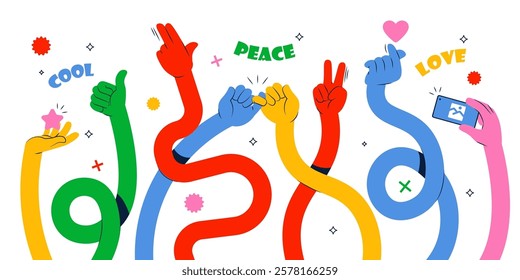 Cute long stretched hands holding different items, gesturing funky non-verbal signs. Like thumbsup, v-sign victory multicolored human arms showcasing peace, cool, love reaction vector illustration