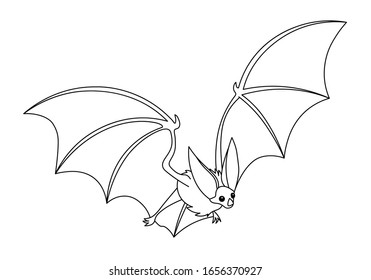 cute long-eared bat, bloodsucker, symbol of vampire, midnight & halloween holiday, witches` pet, vector illustration with black contour line isolated on white background in cartoon & hand drawn style