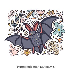 Cute long-eared bat. Cartoon doodle hand-drawn style vector illustration. With floral elements composition.