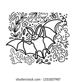 Cute long-eared bat illustration. Cartoon doodle hand-drawn style composition with floral elements. Vector kids coloting book.