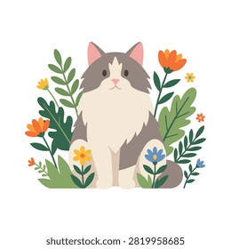 A cute long-haired gray and white cat is depicted sitting among green leaves and bright flowers. Ideal for children's books, nature-themed stickers, and spring designs.