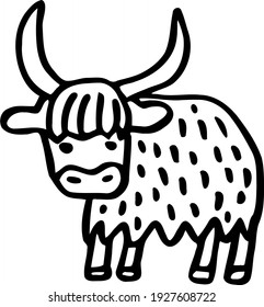 Cute longhorn hairy yak. Picture with funny livestock. Black doodle. Vector illustration of grunting ox for kids. Cartoon clipart in themes pets, animals and mountains. Image for icons, poster design 