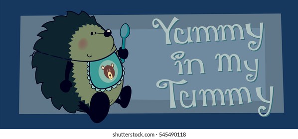 Cute looking baby hedgehog with bib and spoon.Horizontal banner vector illustration