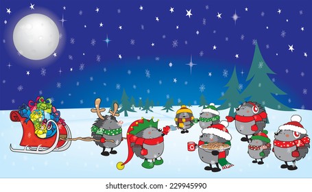 Cute looking Christmas hedgehogs on classic winter night background,vector illustration,Hedgehog's Christmas magic