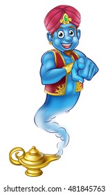 An cute looking genie cartoon character like in the story of Aladdin coming out of a magic lamp and pointing
