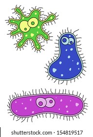 Cute looking green, blue and pink cartoon germ characters