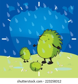 cute looking green hedgehogs having fun in the rain vector illustration/happy when it rains clock pattern