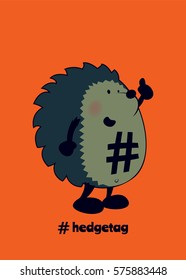 Cute looking hedgehog with hashtag on his belly.isolated vector illustration