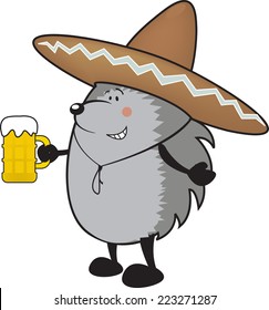 cute looking hedgehog with sombrero holding glass of beer vector illustration/beer? isolated on white