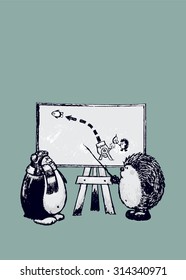 Cute looking hedgehog trying to help his penguin friend to learn how to fly.Humorous animal pencil drawing illustration