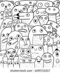 Cute looking monsters gather together as a group.Doodle art concept,illustration painting