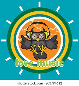 cute looking owl wearing headphones clock pattern/love music