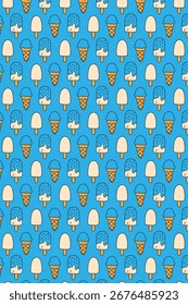 Patrón de aspecto lindo con helado y conos sobre un fondo azul