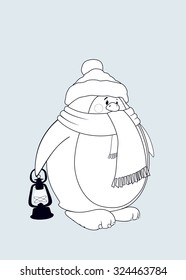 Cute looking penguin with scarf and Santa's cap carrying a lantern.Coloring book vector illustration
