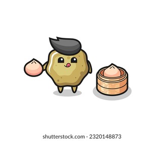 cute loose stools character eating steamed buns , cute style design for t shirt, sticker, logo element
