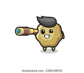 süße lockere Stuhlfigur hält ein altes Teleskop , süßes Design für T-Shirt, Aufkleber, Logo-Element