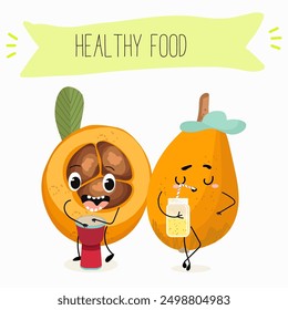 Cute loquat, medlar character with many expressions, fruit different activities, poses vector illustration flat design set.