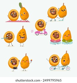 Cute loquat, medlar character set, collection with many expressions, fruit different activities, poses vector illustration flat design set.