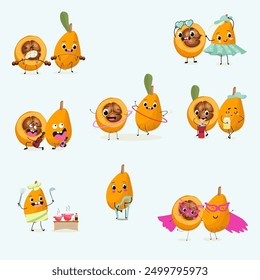 Cute loquat, medlar character set, collection with many expressions, fruit different activities, poses vector illustration flat design set.