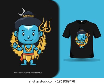 Cute lord Shiva with magic wand cartoon vector illustration with t shirt design template