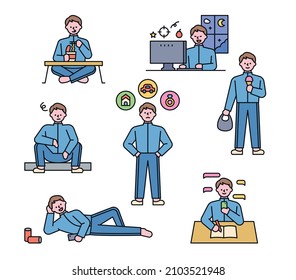 Cute loser character. A day of a man without a job in a comfortable outfit. flat design style vector illustration.