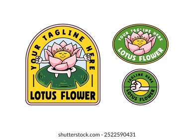 cute lotus flower buds colorful retro cartoon character mascot illustration set with sitting in meditation on a leaf, smiling and peace hand for florist, kids, beauty business mascots and merchandise