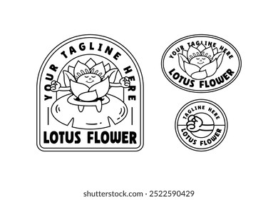 cute lotus flower buds outline retro cartoon character mascot illustration set with sitting in meditation on a leaf, smiling and peace hand for florist, kids, beauty business mascots and merchandise