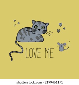 Cute lovable Tabby cat flat vector illustration. Grey kitten with mouse drawing, heart elements, and lettering. Animal and pet love design element. 