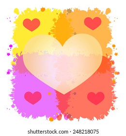Cute love and art illustration. Hearts on watercolor blots, heart as frame for your text. Vector silhouettes. Romantic vintage. Valentine day background. Eps 10.  This file contain transparency.