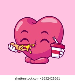 Cute Love Balloon Eating Pizza And Drink Soda Cartoon Vector Icon Illustration. Food Drink Icon Concept Isolated Premium Vector. Flat Cartoon Style