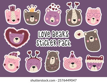 Cute love bears sticker pack.Valentine's day sticker with hand drawn faces of bears. Illustration for valentines card, poster or banner.