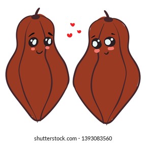 Un amor lindo entre dos hermosos cacaos con pequeños corazones rojos alrededor de ellos dibujo de color vectorial o ilustración
