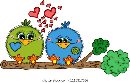 Cute love bird couple sitting on tree branch
