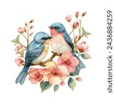cute love bird and flowers vector illustration in watercolour style