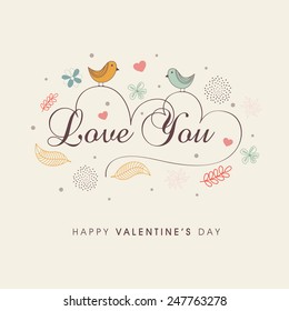 Cute love birds couple with text Love You in heart shape for Happy Valentine's Day celebration on decorated background.