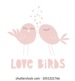 Cute Love Birds Hand Drawn Vector Illustration. Sweet Kissing Birds. Pink  Little Birds Isolated on a White Background.Hearts Flying Up. Cute Valentine's Day Card. Funny Romantic Vector Card.