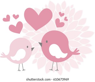 cute love birds with hearts and abstract dahlia flower isolated on white background