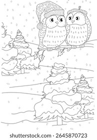 Cute Love Birds Owls Couple in Santa Hat and Acorn Cap Sitting on Snowy Branch with Falling Snow and Winter Forest Background - Line Art Coloring Page Illustration