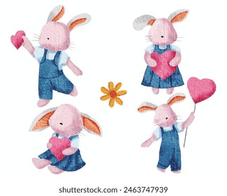 Cute Love Bunny Watercolor Illustration