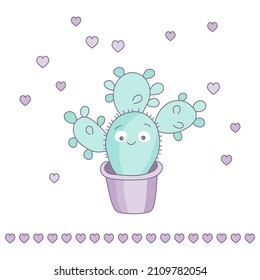 Cute love cactus character in a pot. Valentine's day card or invitation template.